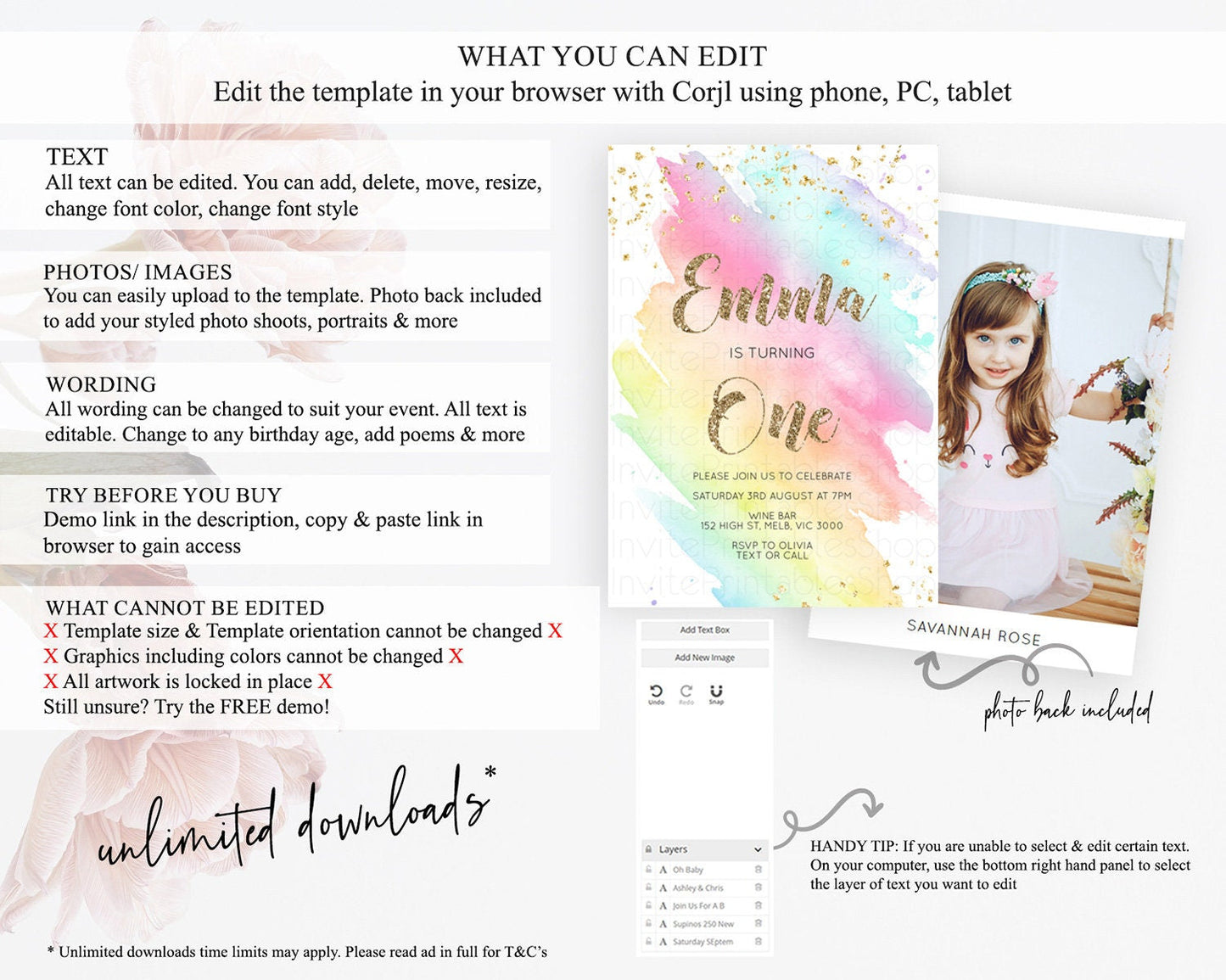 Rainbow Birthday Invitation Colorful Pastel Watercolor Invitation Gold Glitter Sprinkles Ombre Pastel 1st 2nd 3rd Birthday D10495
