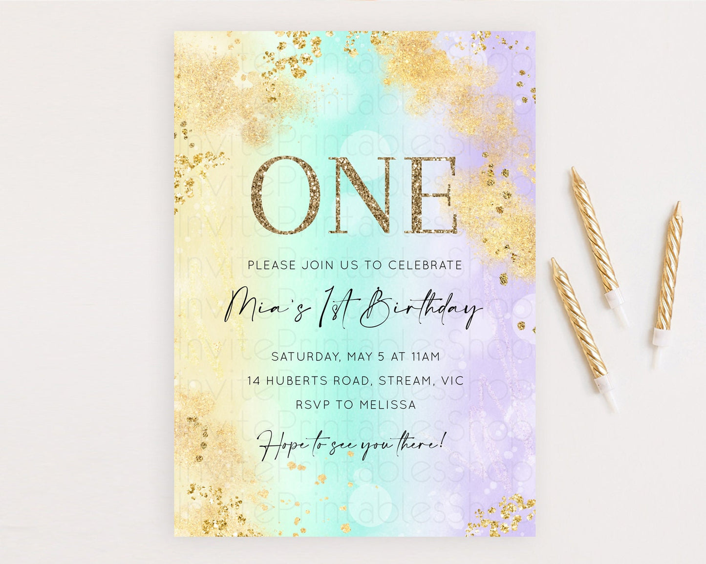 Rainbow Birthday Invitation Colorful Pastel Watercolor Invitation Gold Glitter Sprinkles Ombre Pastel 1st 2nd 3rd Birthday D10672