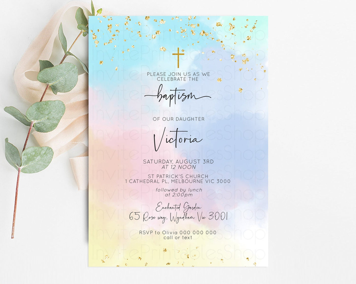 Rainbow Baptism invitation Pastel Rainbow Christening Invite Ombre Watercolor Invite Cloud Gold Sprinkles Splash Cross Religious Invite 446