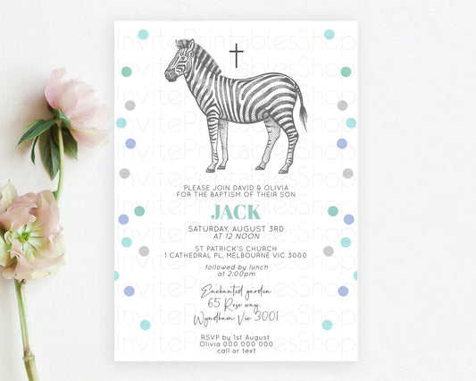 Zebra Baptism Invitation Zebra Baptism 1st Birthday Invitation Jungle Safari Christening Invite Watercolor Tropical Zoo Adventure D10856