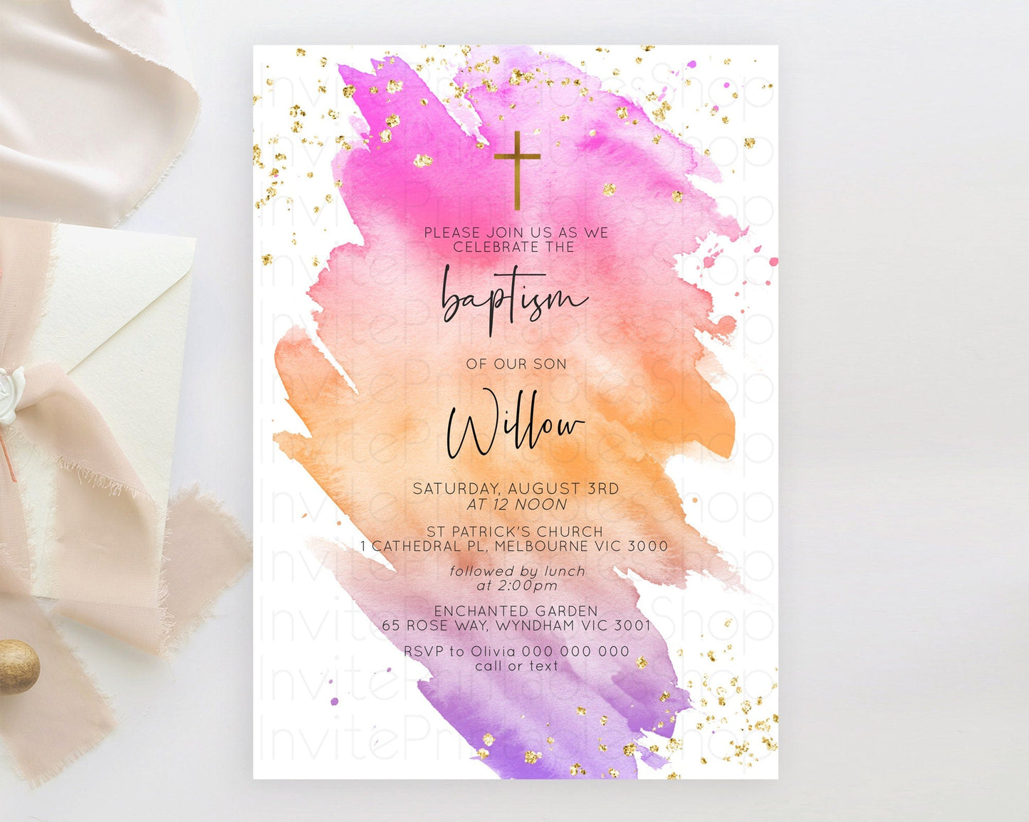 Pastel Baptism Invitation Pastel Colors Watercolor Baptism 1st Birthday Party Gold Ombre Pastel Rainbow Christening Holy Communion D10488