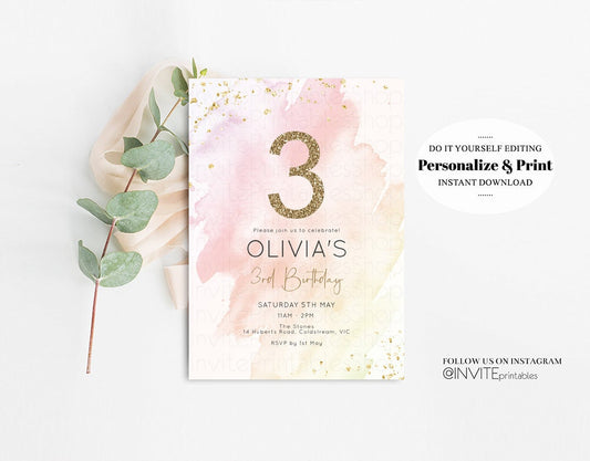 Watercolor Birthday Invitation Pastel Soft Pink Splash Ombre Ink Paint Gold Foil Glitter Age Confetti Modern Simple Custom Printable 133