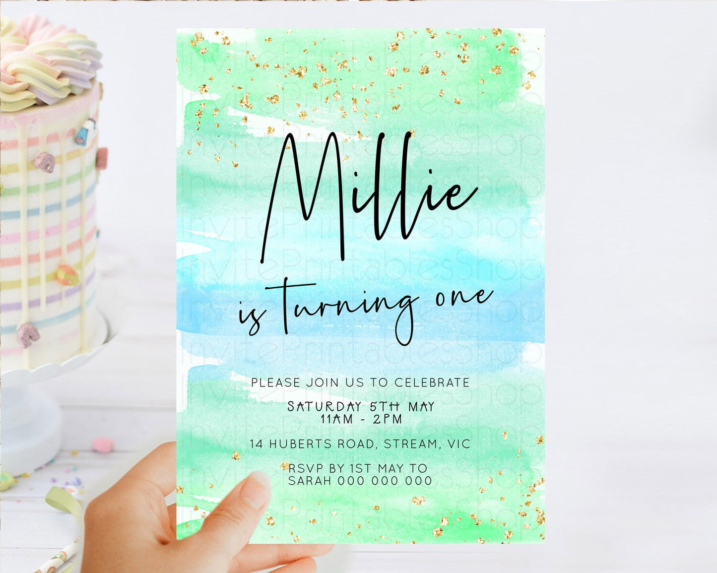 Green Birthday Invitation green Watercolor Invitation Pastel green Watercolor Invitation green Splash Gold Invitation First Birthday D23045