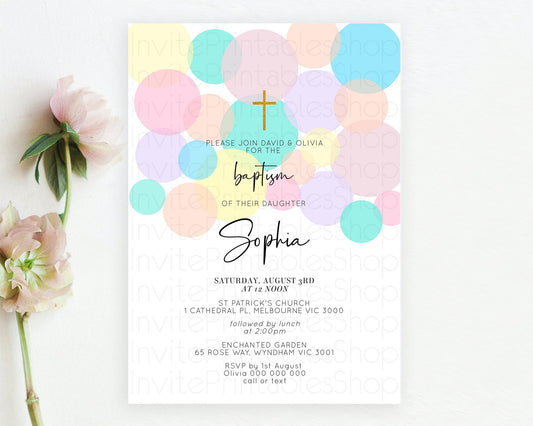 Pastel Baptism Invitation Pastel Confetti Baptism 1st Birthday Invitation Colorful Rainbow Confetti Bubbles Christening Invitation  D10223