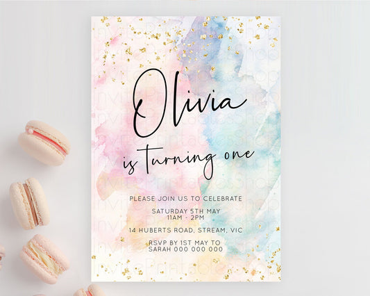 Editable Rainbow Birthday Invitation Colorful Pastel Watercolor Invitation G