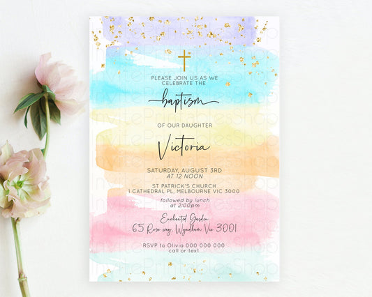 Pastel Baptism Invitation Pastel Colors Watercolor Baptism 1st Birthday Party Gold Ombre Pastel Rainbow Christening Holy Communion D10505