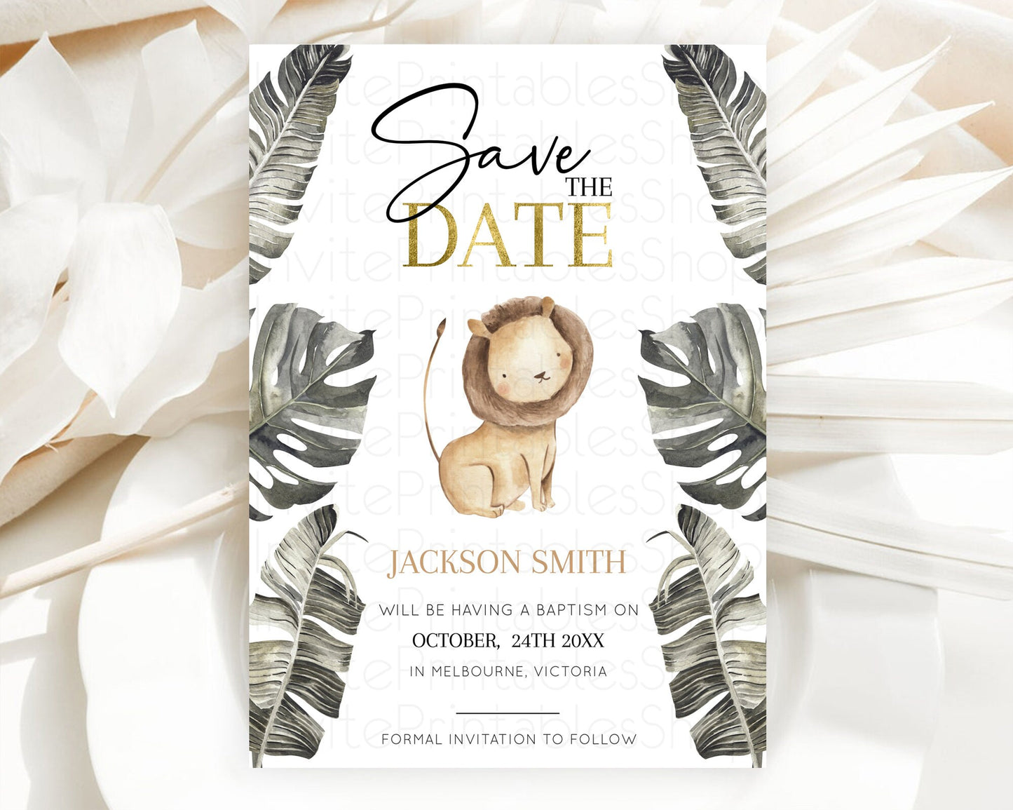 Safari Save The Date Template Lion Gorilla Elephant Rhino Animals Party Tropical Palm Zoo Theme For 1st Birthday Baptism Baby Shower D10599