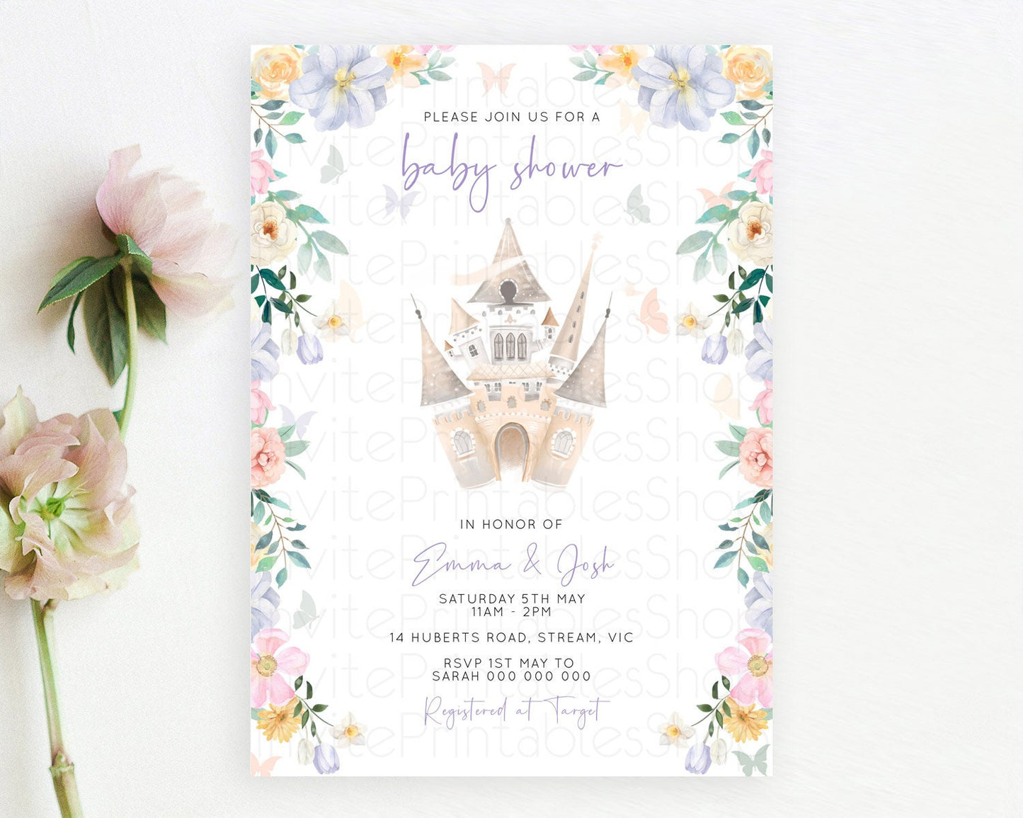 Pastel Princess Baby Shower Invitation Floral Castle Invitation Royal Baby Invite Enchanted Castle Pastel Flower Garden Baby Shower D10473