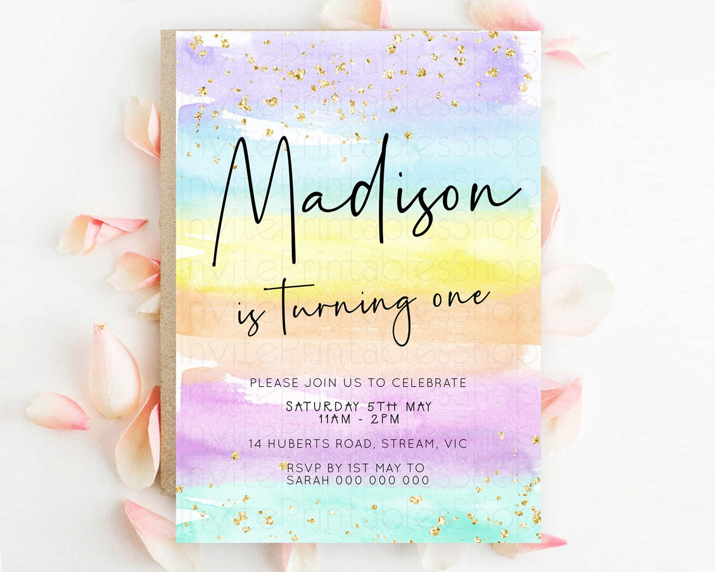 Pastel Birthday Invitation Ombre Watercolor Birthday Invitation Glitter Rainbow Color Splash 1st 2nd 3rd Birthday Invitation D23037