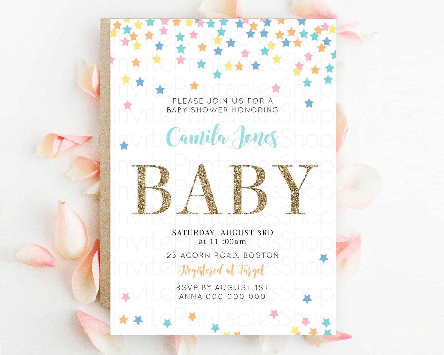 Twinkle Star Baby Shower Invitation Pastel Baby Shower Invitation Rainbow Confetti & Colorful Stars Pink, Blue, Green, Yellow, Orange D10298