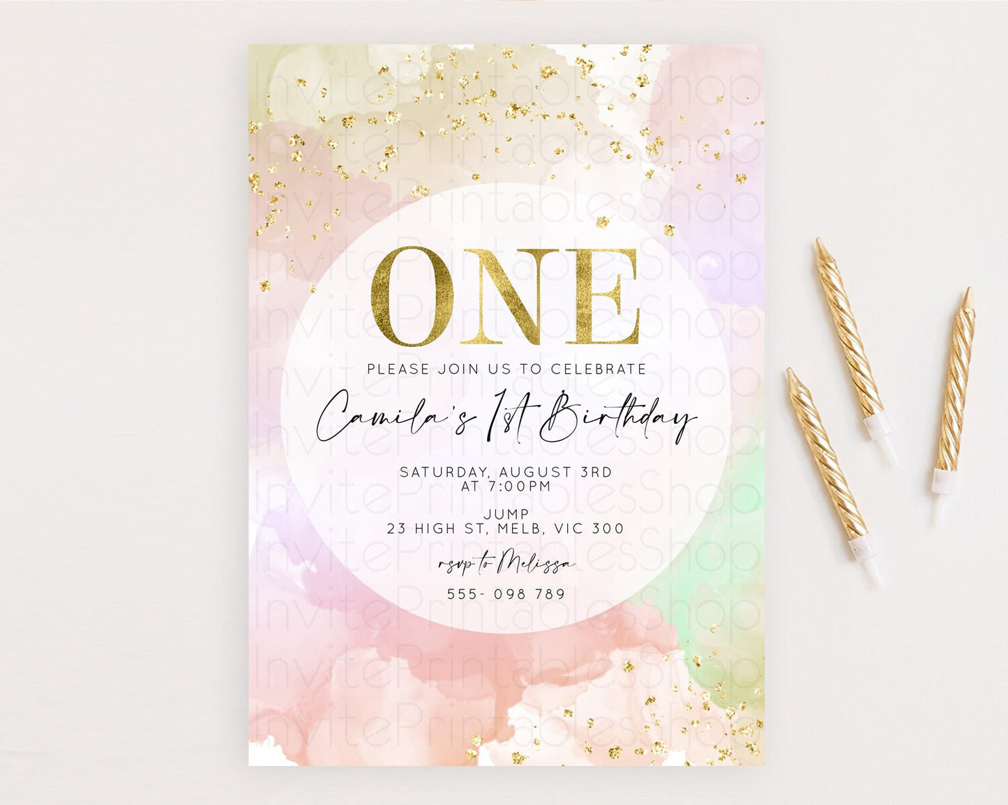 Rainbow Birthday Invitation Colorful Pastel Watercolor Invitation Gold Glitter Sprinkles Ombre Pastel 1st 2nd 3rd Birthday D10627