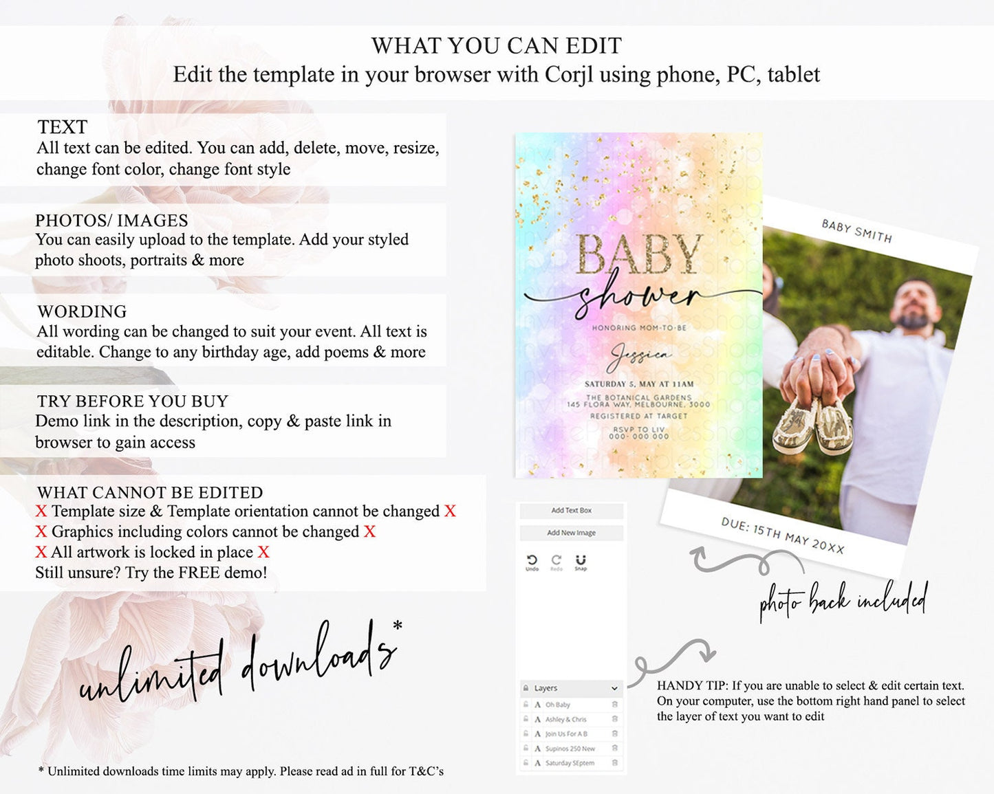 Pastel Baby Shower Invitation Rainbow Baby Shower Invitation Colorful Pastel Watercolor Invitation Gold Glitter Sprinkles Ombre D10647