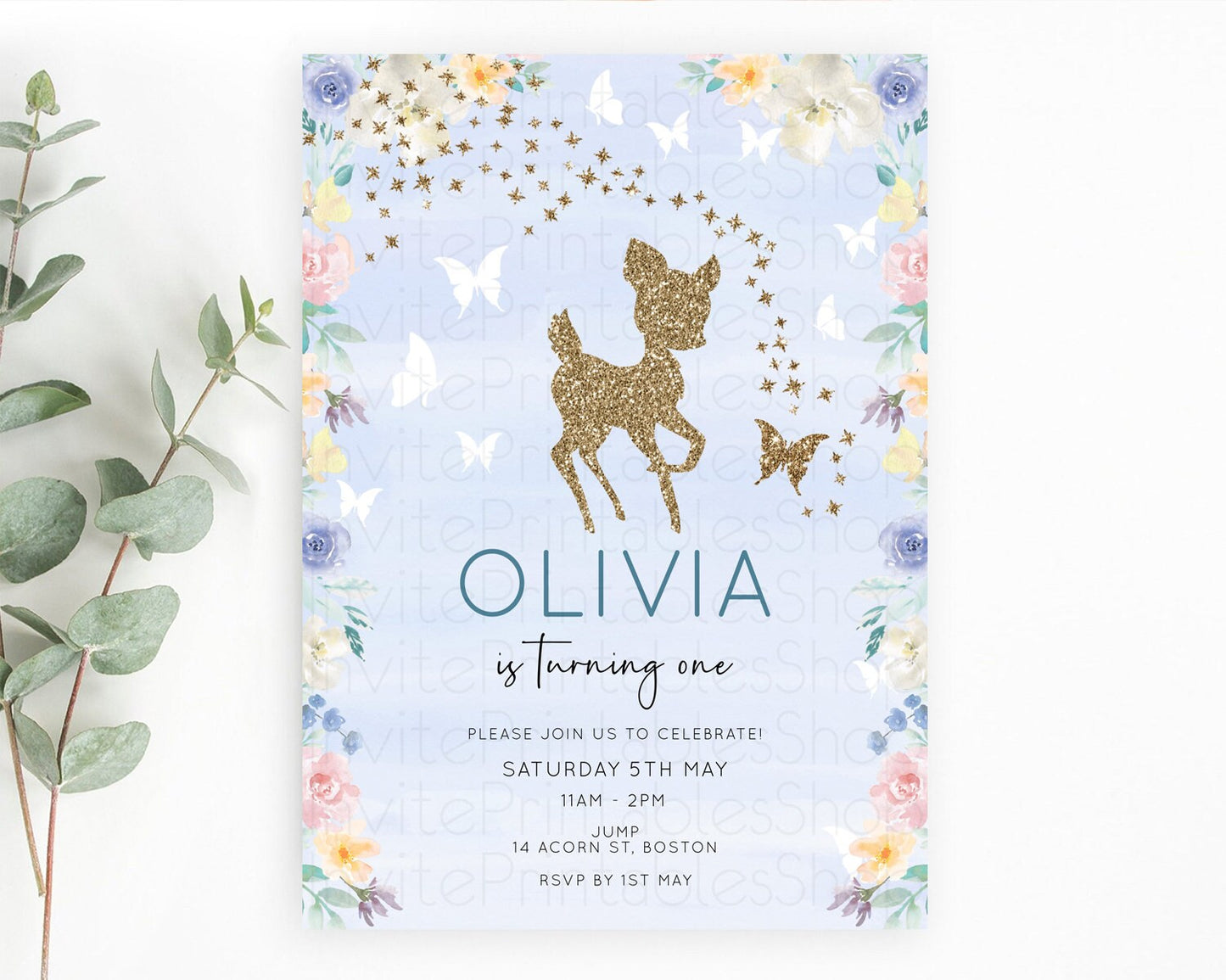 Fawn Birthday Invitation Deer Birthday Invitation Enchanted Forest Party Butterfly Pastel Flowers Whimsical 2nd 1st First Birthday D10879