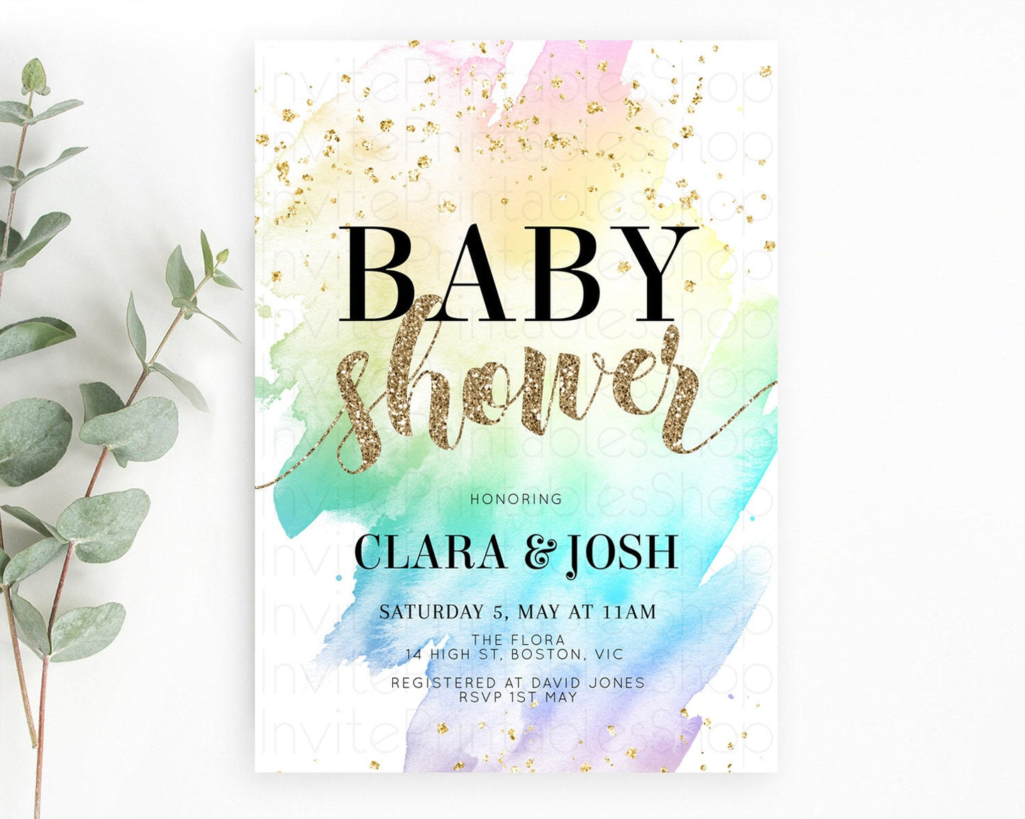 Pastel Baby Shower Invitation Rainbow Baby Shower Invitation Colorful Pastel Watercolor Invitation Gold Glitter Sprinkles Ombre D10259