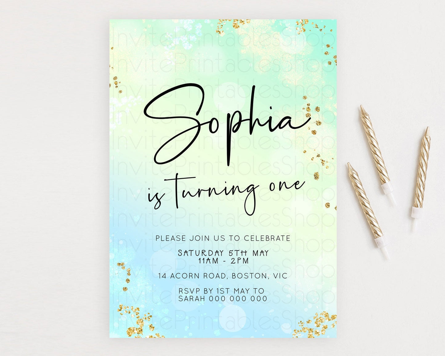 Green Birthday Invitation green Watercolor Invitation Pastel green Watercolor Invitation green Splash Gold Invitation First Birthday D23096