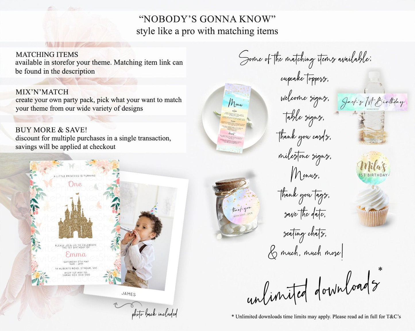 Princess Birthday Invitation Castle Invitation Royal Birthday Fairy Tale Enchanted Castle Pastel Floral Garden 1st First Birthday D10429
