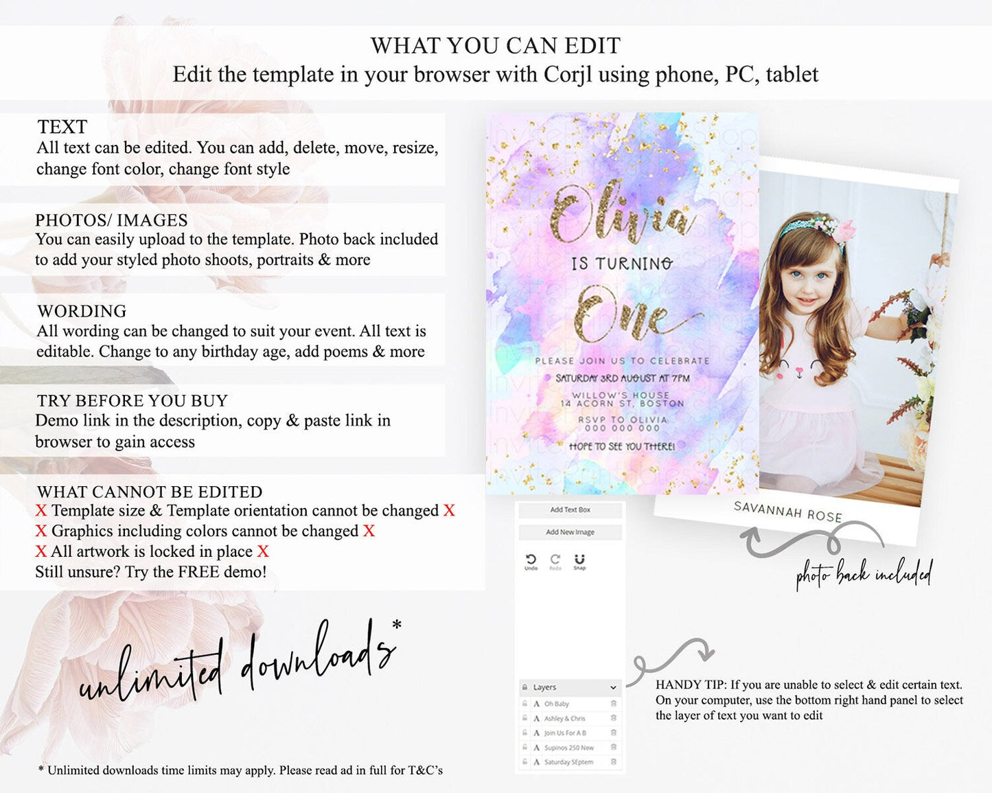 Rainbow Birthday Invitation Colorful Pastel Watercolor Invitation Gold Glitter Sprinkles Ombre Pastel 1st 2nd 3rd Birthday D23299