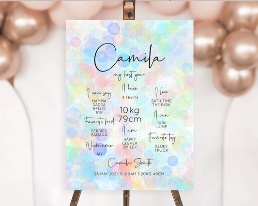 Editable Pastel First Birthday Milestone Board Bubble Bath Milestone Poster