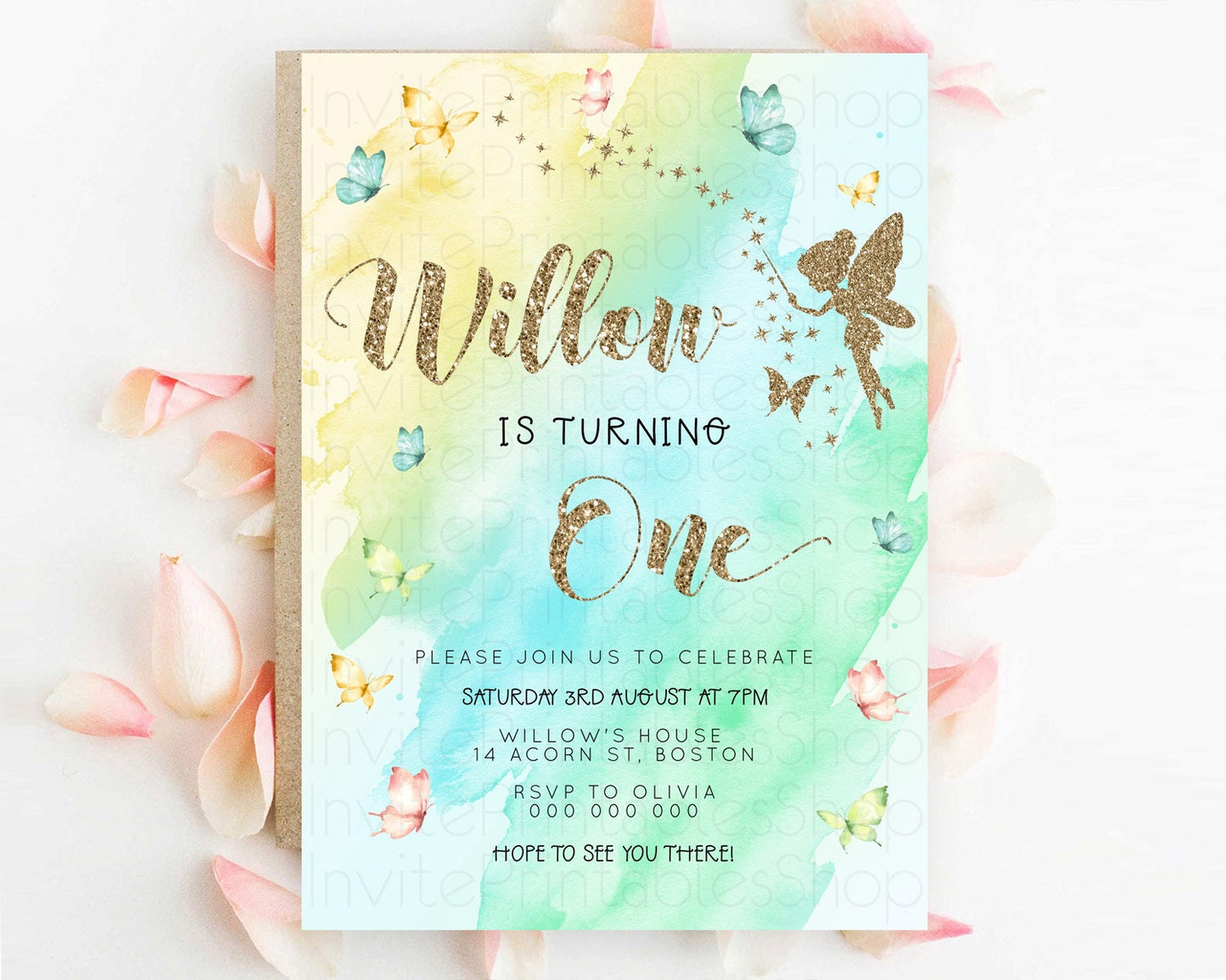 Pastel Fairy Birthday Invitation Pastel Butterflies Fairy Birthday Invitation Rainbow Ombre Watercolor 1st 2nd Birthday Invitation D23336