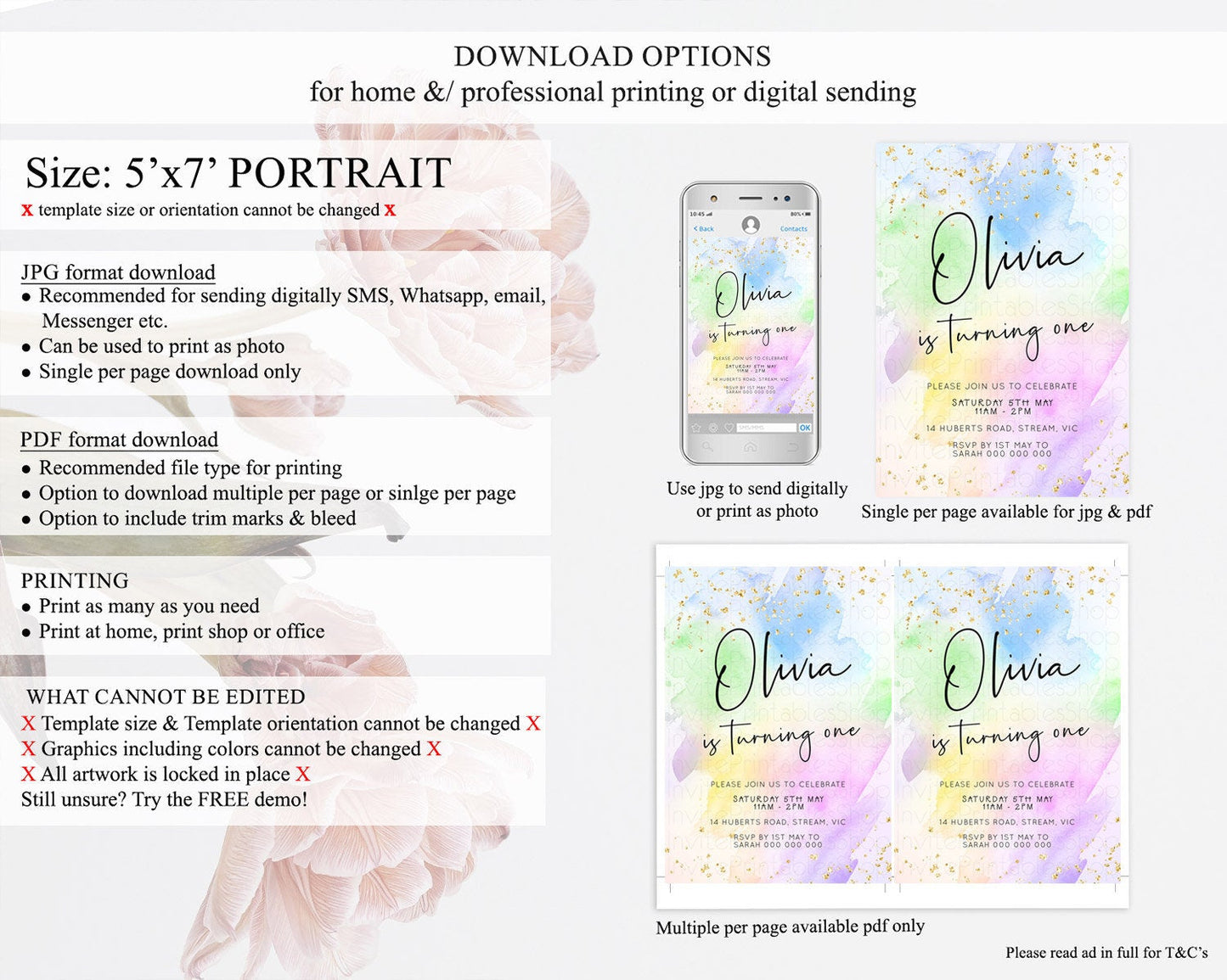 Pastel Birthday Invitation Ombre Watercolor Birthday Invitation Glitter Rainbow Color Splash 1st 2nd 3rd Birthday Invitation D23073