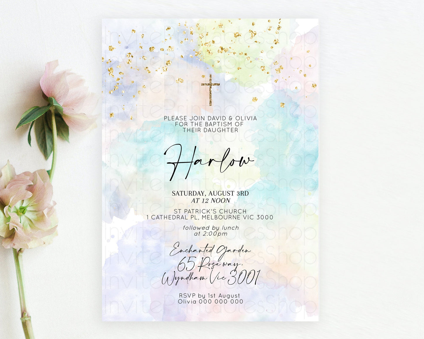 Pastel Baptism Invitation Pastel Colors Watercolor Baptism 1st Birthday Party Gold Ombre Pastel Rainbow Christening Holy Communion D10613