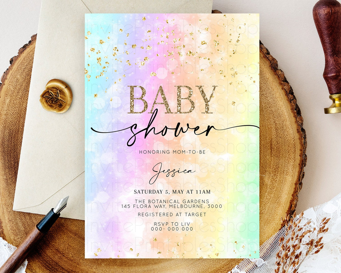 Pastel Baby Shower Invitation Rainbow Baby Shower Invitation Colorful Pastel Watercolor Invitation Gold Glitter Sprinkles Ombre D10647