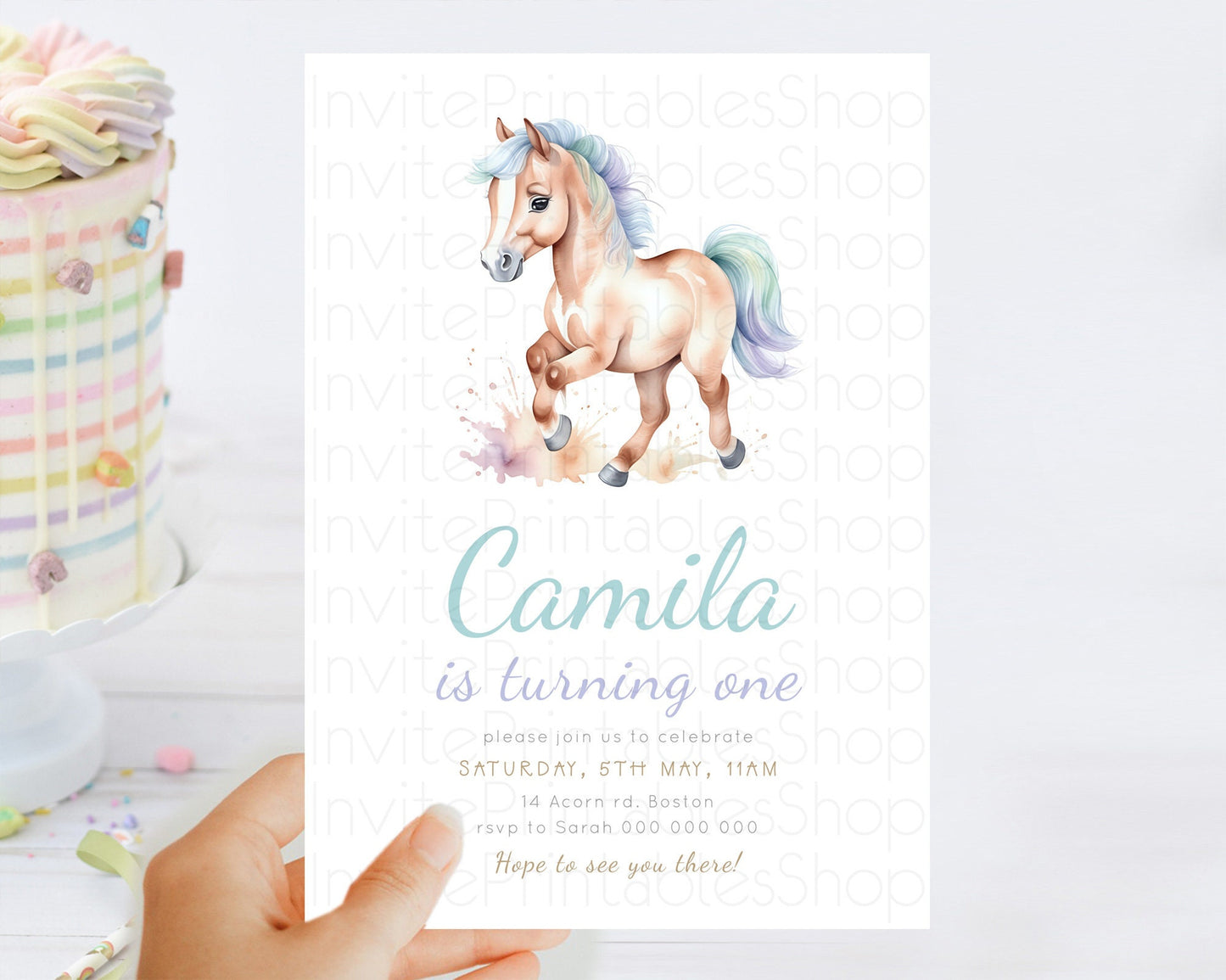 Horse Birthday Invitation, Galloping Wildflower Fields, Pastel Flowers, Butterflies, Flowers Accents for Equestrian & Cowgirls d23377