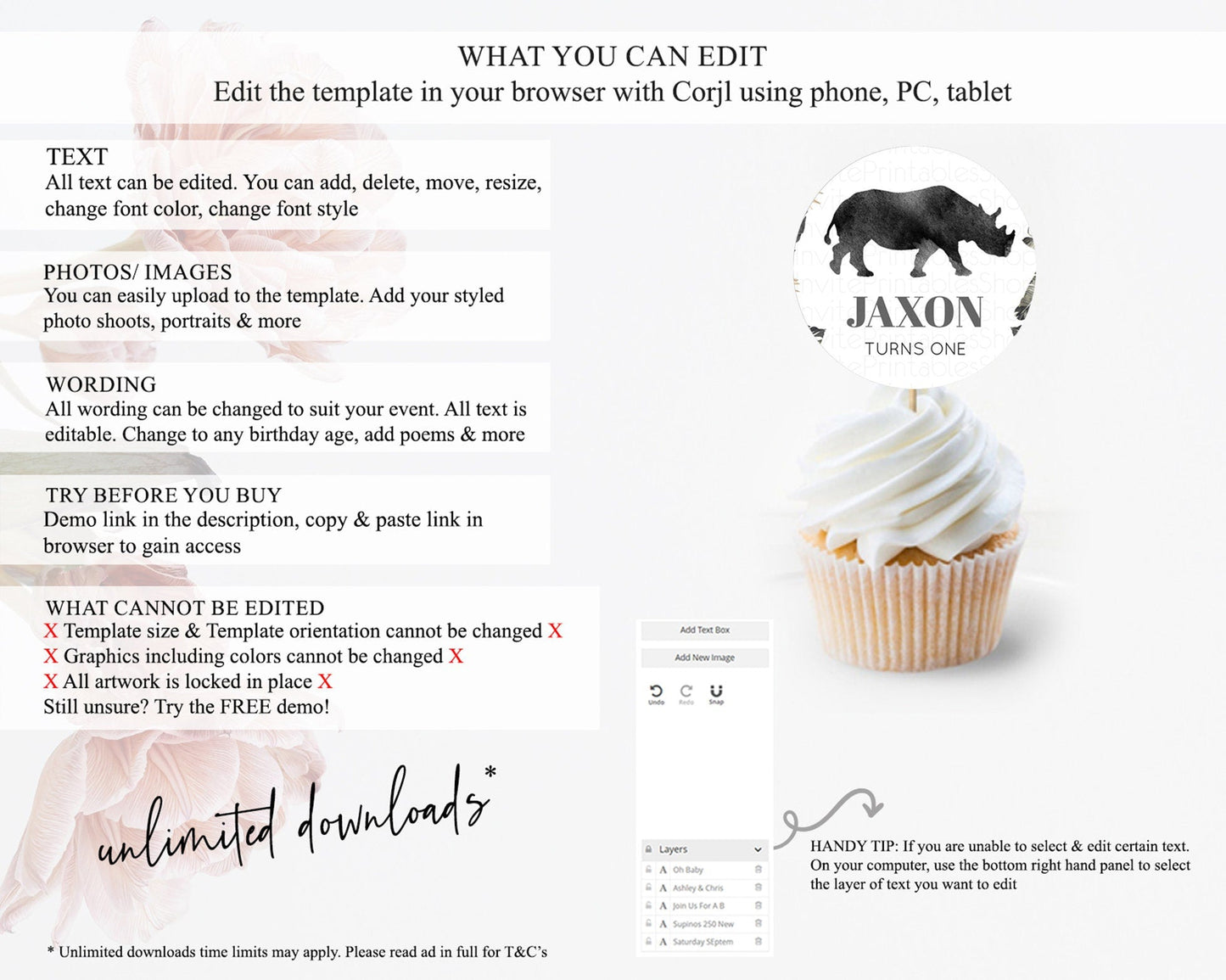 Rhino Cupcake Toppers Rhino Cupcake Rhino Take A Cupcake Toppers Rhino Safari Adventure Decor Zoo Party Rhino Palm Leaf Decor D10805