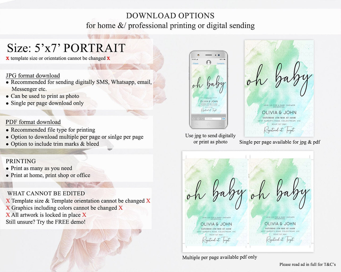 Green Baby Shower Invitation Green Watercolor Baby Shower Invitation Pastel Green Watercolor Invitation Green Splash Gold Invitation D10166