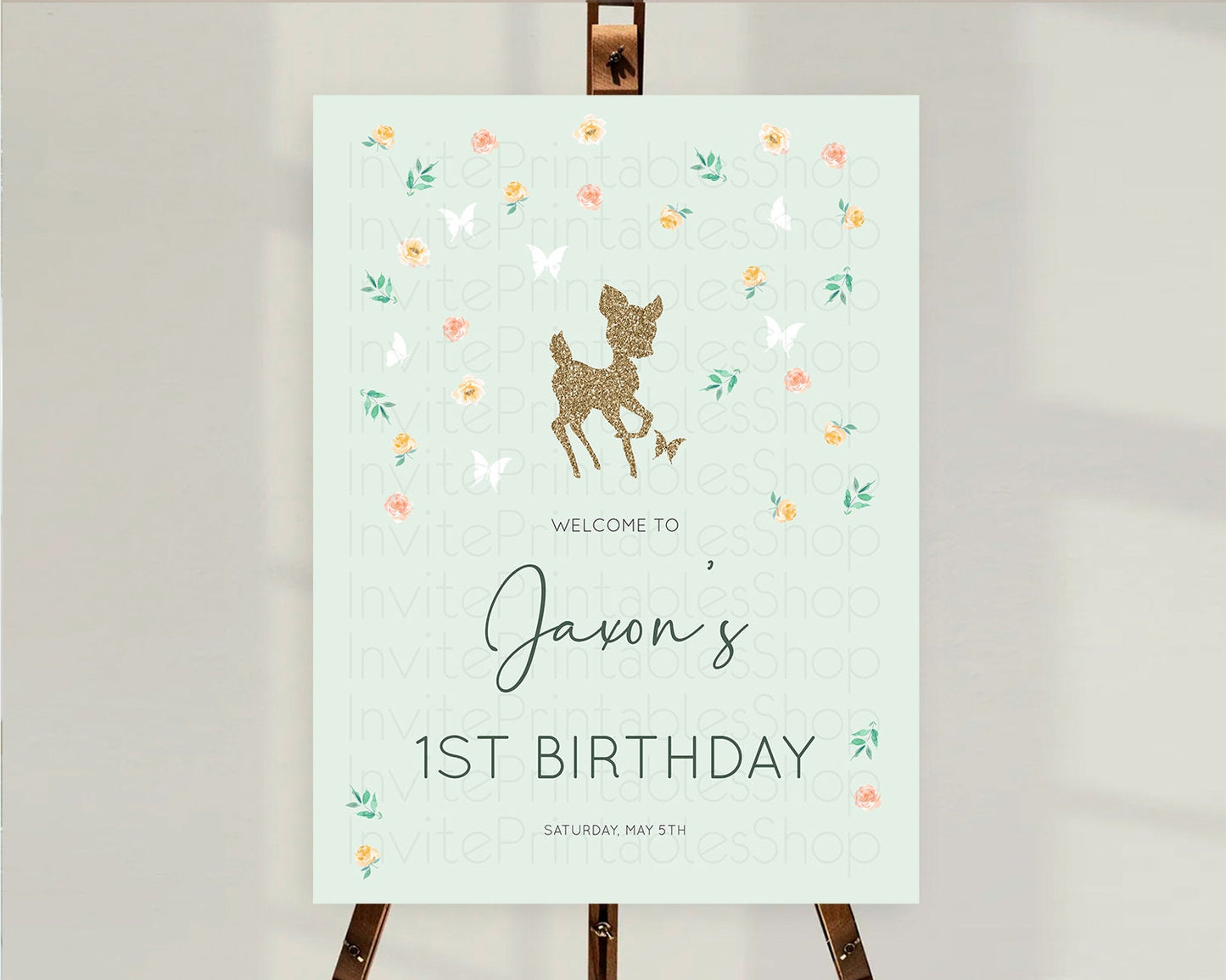 Fawn Welcome Sign Deer Welcome Board Floral Deer Welcome Poster Enchanted Forest Butterfly Pastel Floral First Birthday Welcome Sign D10385