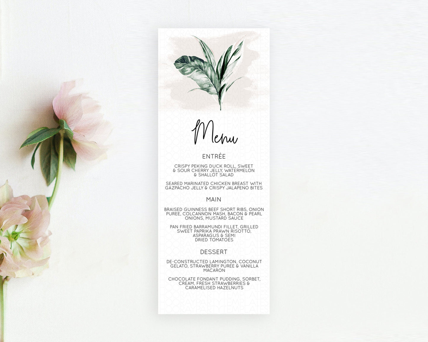 Tropical Menu Template Tropical Menu Palm Leaf Fern Table Decor Frangipani Floral White Orchid Dinner Dessert Menu Party Food Menu D11051