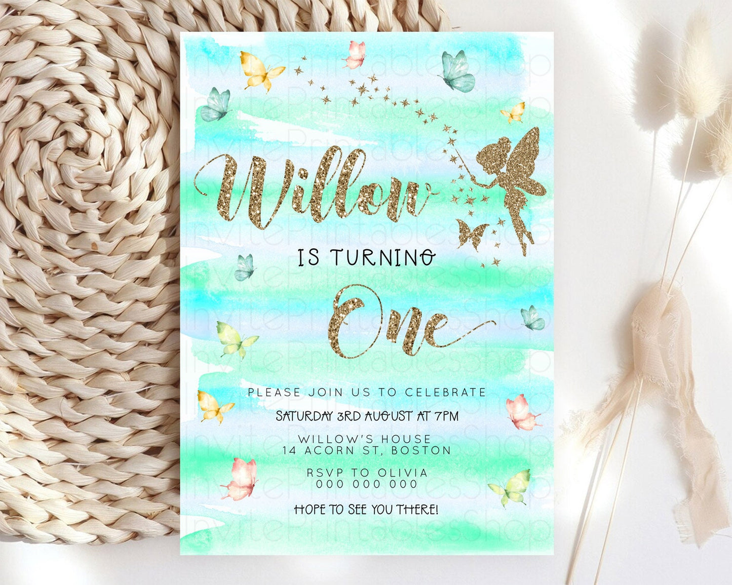 Pastel Fairy Birthday Invitation Pastel Butterflies Fairy Birthday Invitation Rainbow Ombre Watercolor 1st 2nd Birthday Invitation D23314