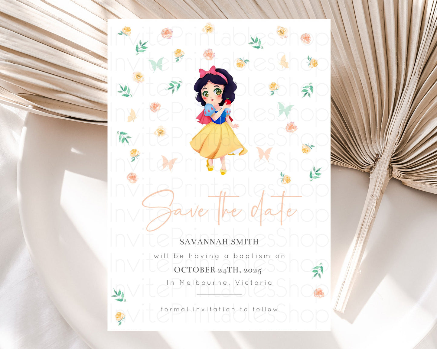 Princess Save The Date Template Secret Garden Enchanted Castle Pastel Floral Royal Party For 1st Birthday Baptism Baby Shower D10356