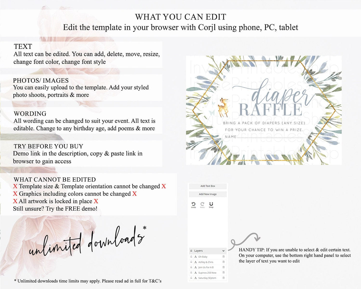 Fawn Diaper Raffle Card Deer Diaper Insert Floral Deer Diaper Ticket Enchanted Forest Butterfly Pastel Baby Shower Raffle Game D10400
