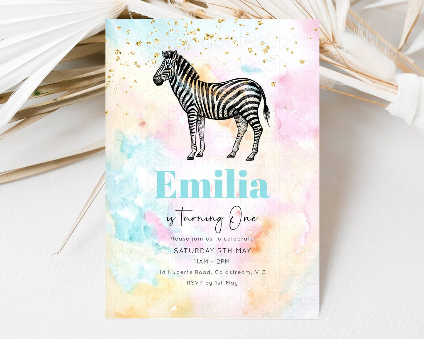 Pastel Zebra Birthday Invitation Pastel Zebra Invite Rainbow Zebra Invitation Colorful Watercolor Invite Safari Zoo Glitter Invite W282