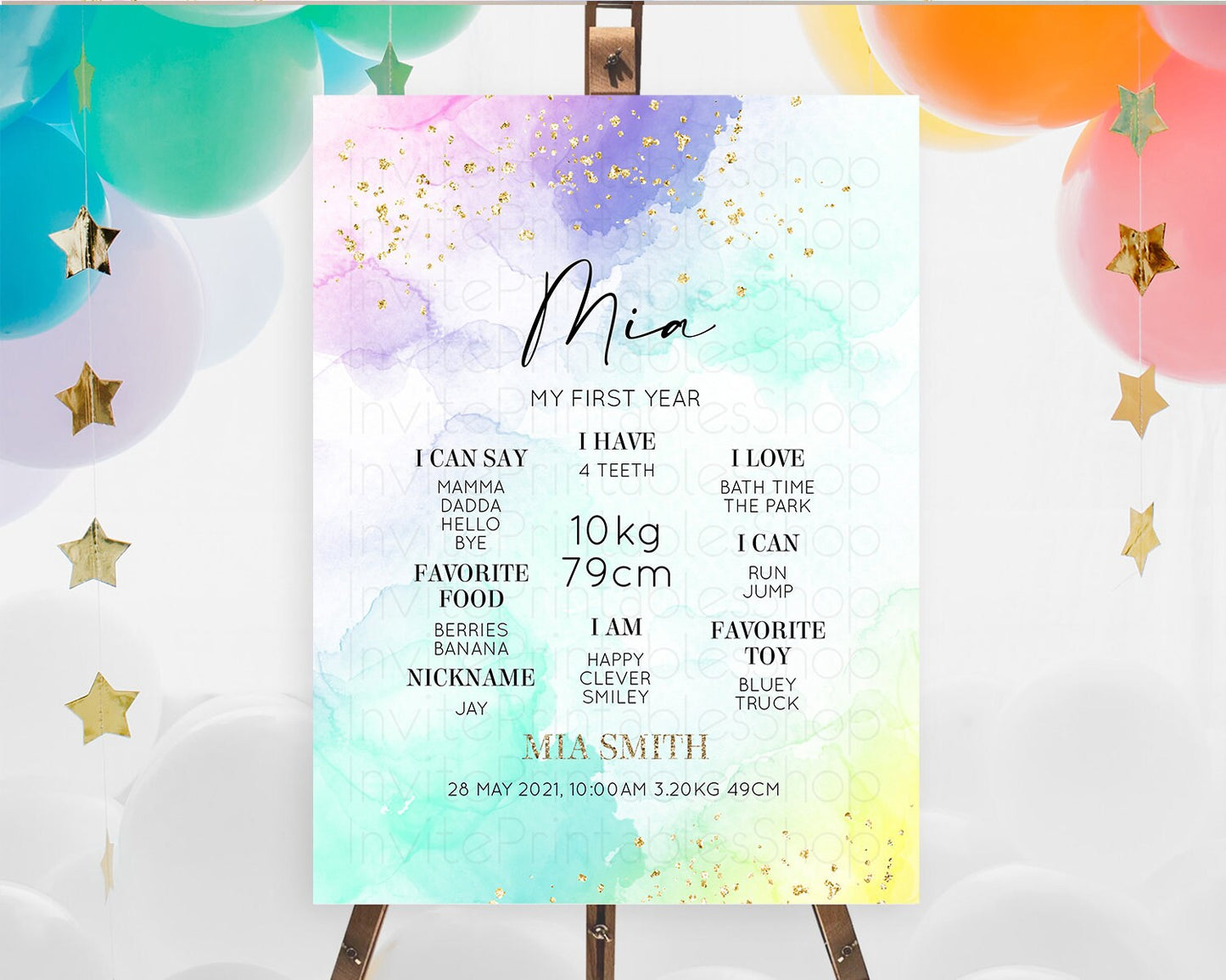 Pastel First Birthday Milestone Board Pastel Rainbow Milestone Poster Colorful Confetti Watercolor Glitter 1st Birthday Welcome Sign D10157