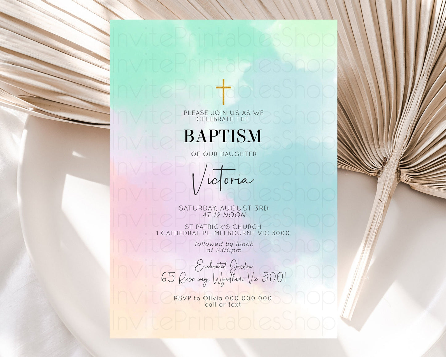 Pastel Baptism Invitation Pastel Colors Watercolor Baptism 1st Birthday Party Gold Ombre Pastel Rainbow Christening Holy Communion D10375