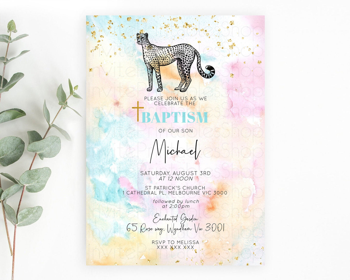 Cheetah Baptism Invitation Cheetah Baptism 1st Birthday Invitation Cheetah Pastel Watercolor Christening Invitation Rainbow Cheetah D10289