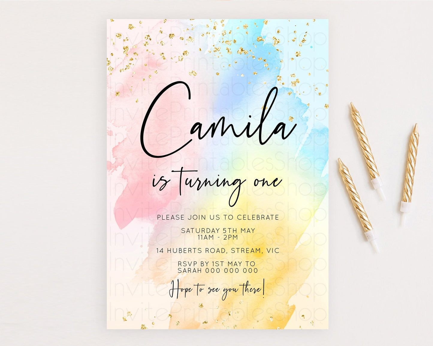 Rainbow Birthday Invitation Colorful Pastel Watercolor Invitation Gold Glitter Sprinkles Ombre Pastel 1st 2nd 3rd Birthday D10557