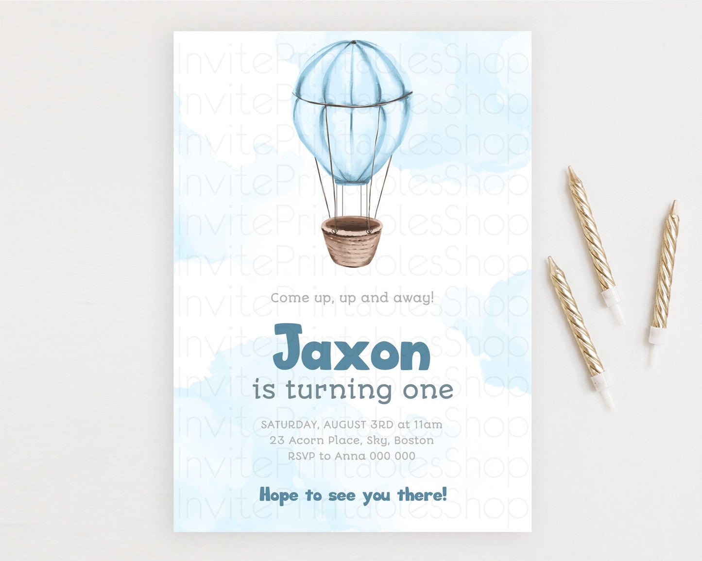 Hot Air Balloon Birthday Invitation Hot Air Balloon Invites Adventure Awaits Up Up & Away Glitter Blue Watercolor 1st Birthday Boy D10321