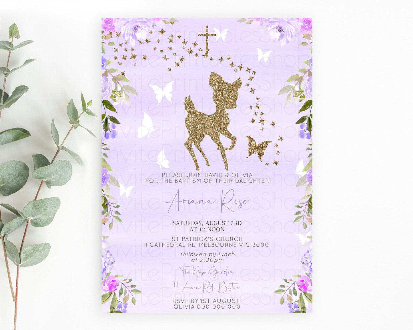 Fawn Baptism Invitation Deer Baptism 1st Birthday Invitation Enchanted Forest Christening Invitation Pastel Garden Butterfly Floral D10963