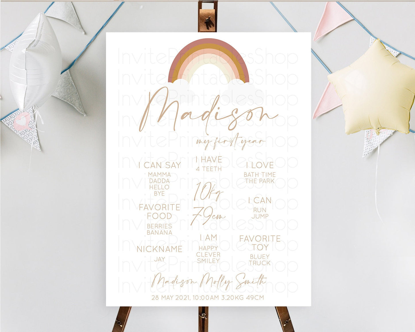 Editable Pastel Rainbow First Birthday Milestone Poster Boho Rainbow Milesto