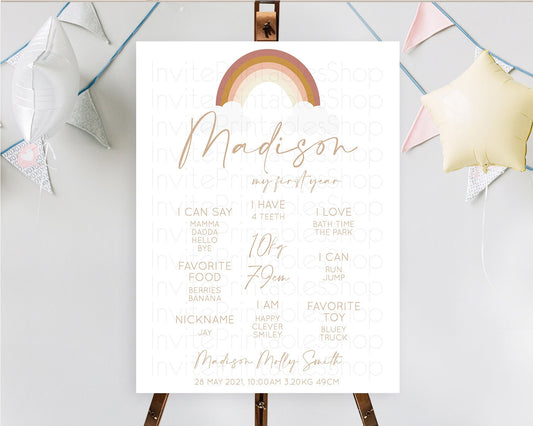 Editable Pastel Rainbow First Birthday Milestone Poster Boho Rainbow Milesto