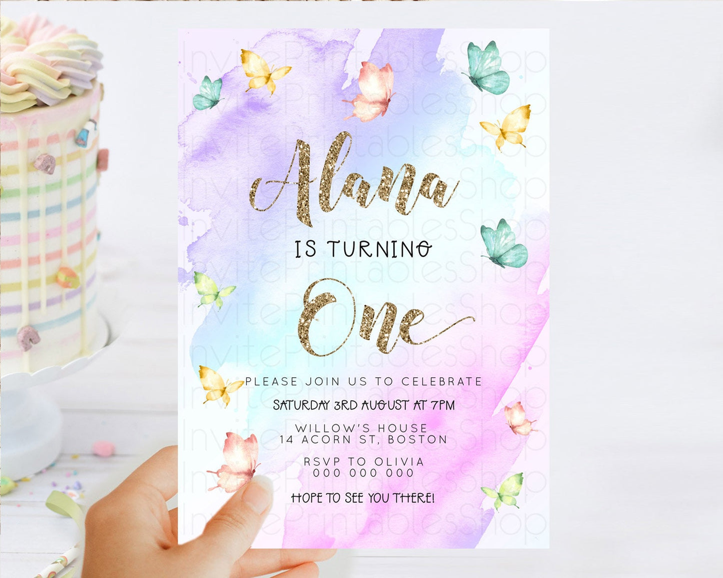 Pastel Butterfly Birthday Invitation Butterfly Birthday Invitation Colorful Splash Glitter Butterfly Garden 1st 2nd Birthday D23236