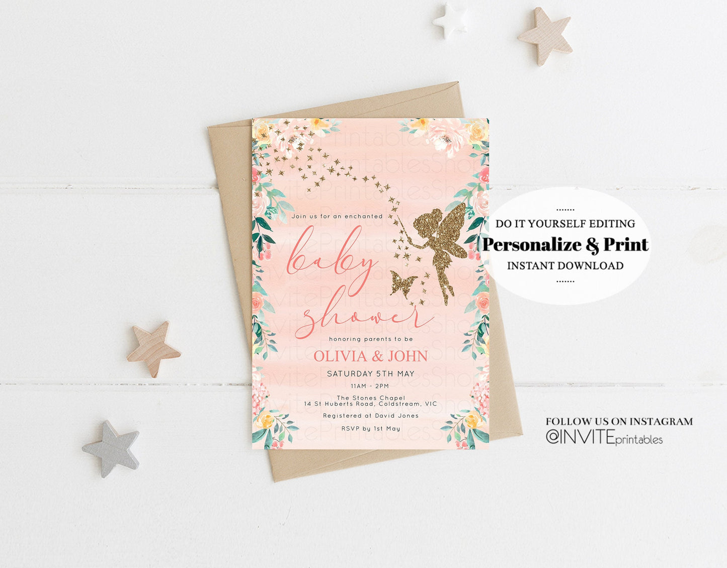 Fairy Baby Shower Invitation Enchanted Baby Tinkerbell Glitter Pixie Twinkle Stars Fairytale Pastel Watercolor Flowers Editable Template