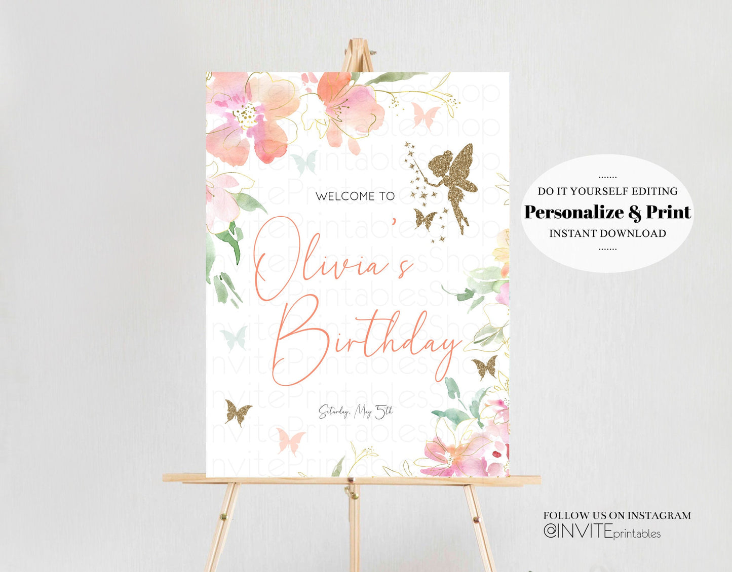 Fairy Birthday Board Pink Floral Fairy Welcome Sign Magic Floral Garden Whimsical Butterflies Welcome Poster Watercolor Gold Glitter 91