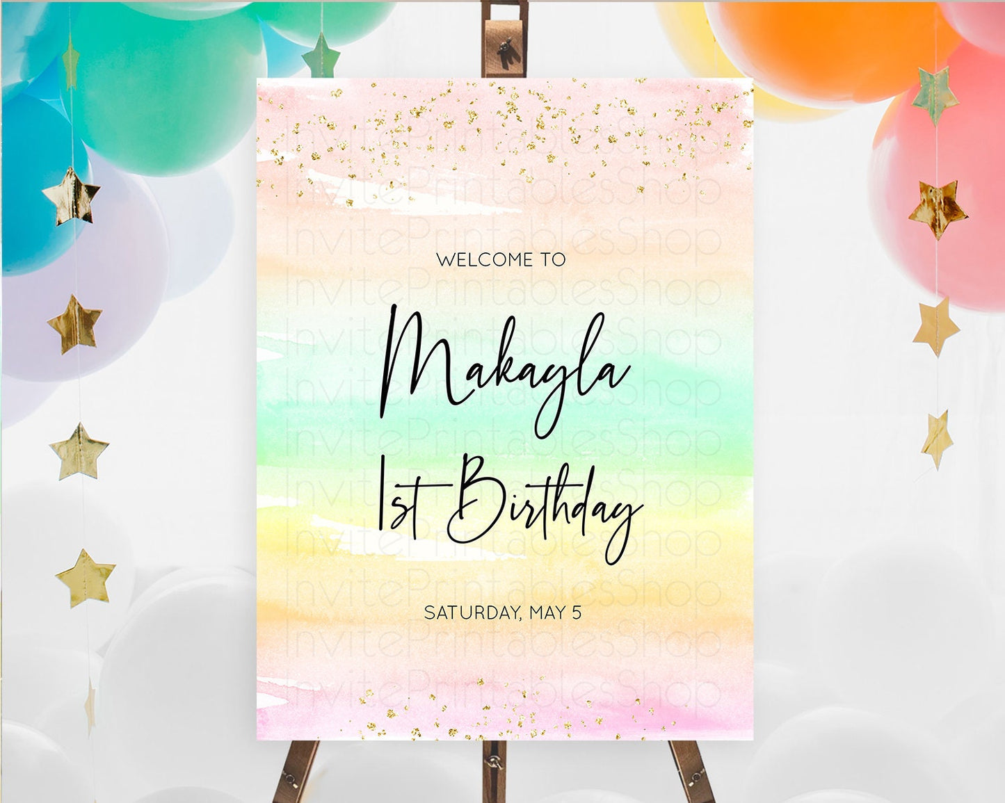 Pastel Welcome Sign Pastel Rainbow Welcome Sign Colorful Rainbow Confetti Watercolor Glitter Pastel First Birthday Welcome Sign D10591