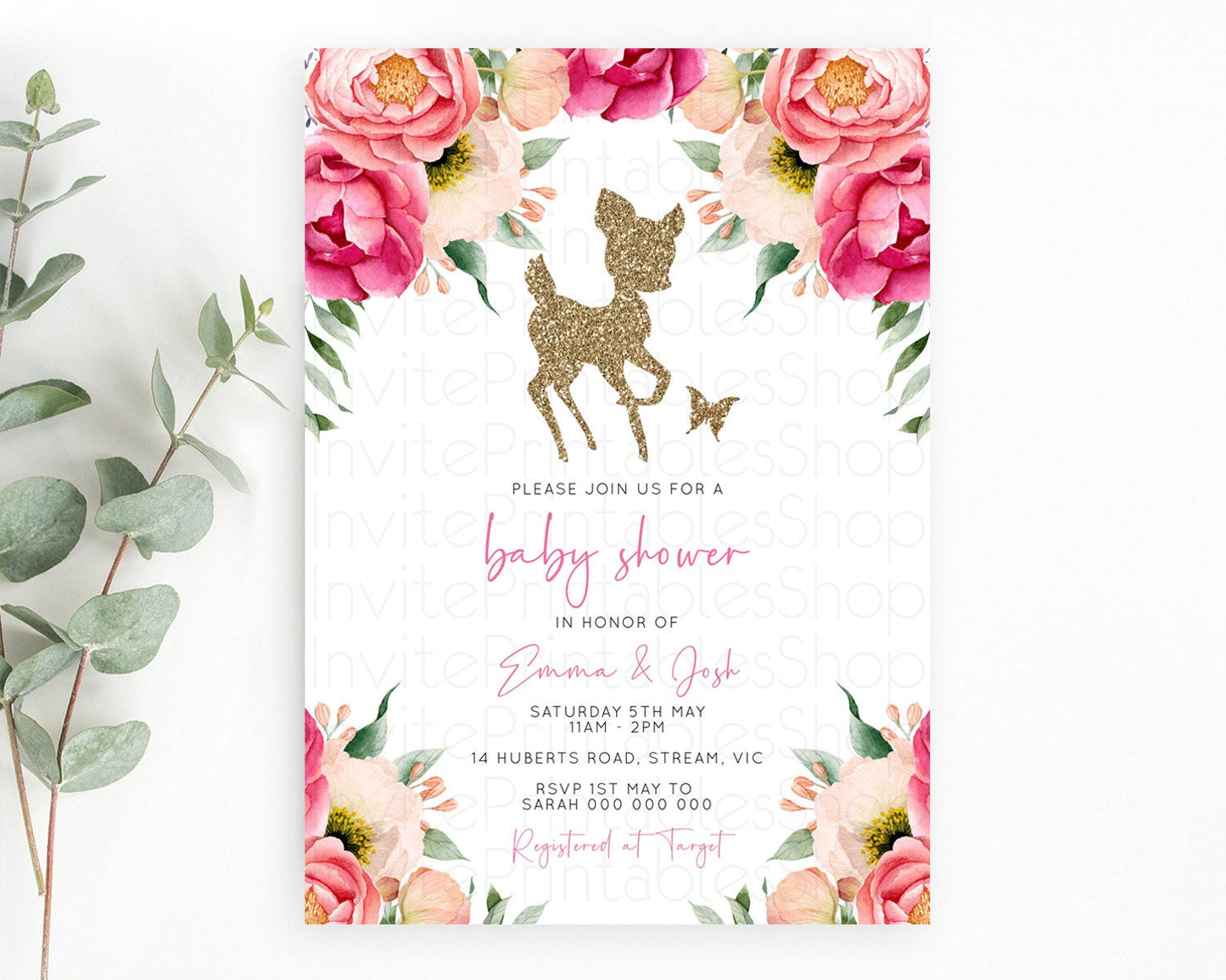 Fawn Baby Shower Invitation Deer Baby Shower Invites Enchanted Forest Theme Butterfly Pastel Flowers Whimsical Baby Shower D10326