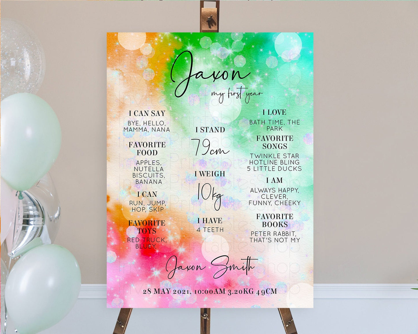 Rainbow First Birthday Milestone Poster Colorful Pastel Watercolor Iridescent Sprinkles Ombre Pastel Milestone Board First Birthday D10691