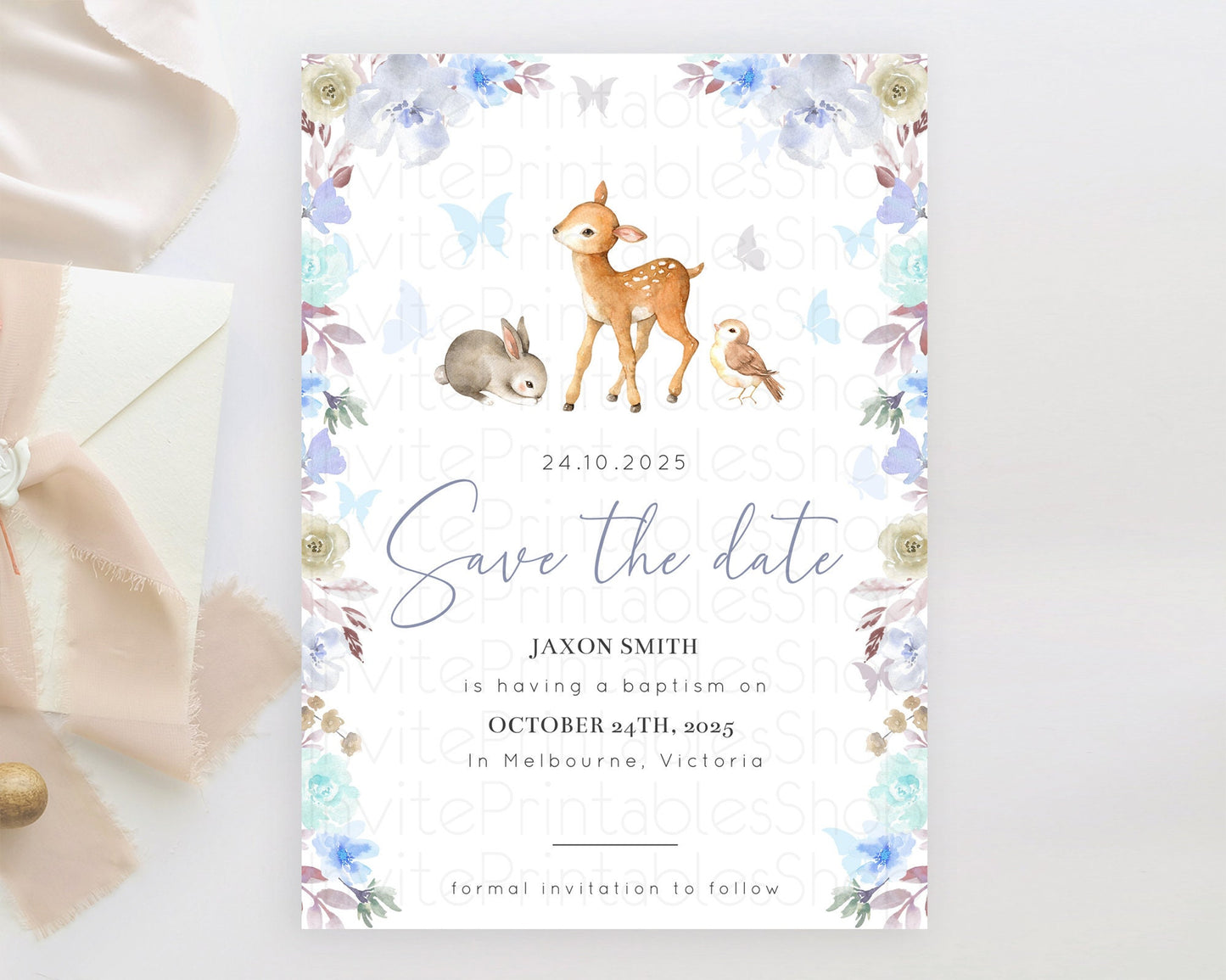 Fawn Deer Save The Date Template Pastel Floral Deer Enchanted Forest Butterfly Party 1st Birthday Baptism Baby Shower Bridal Shower D10929